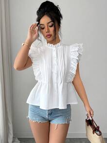 Elenzga Damen Frühling/Sommer Casual Urlaubs Weißes Einfarbiges Cut Out Besticktes Spitze Patchwork Hemd, geeignet für Reisen und Pendeln - Weiss - Übersicht 7