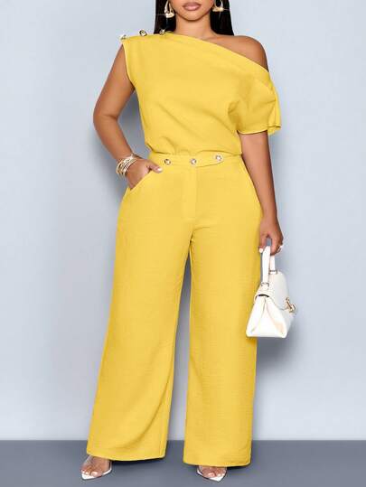 SOLERSUN Blusa de mujer talla grande de primavera/verano elegante con cuello asimétrico, sin mangas, botones metálicos, ajustada, de unicolor, blusa de un hombro, blusa de un hombro, blusa para oficina, cita, noche, oficina, transporte, blusa para uso diario modesto