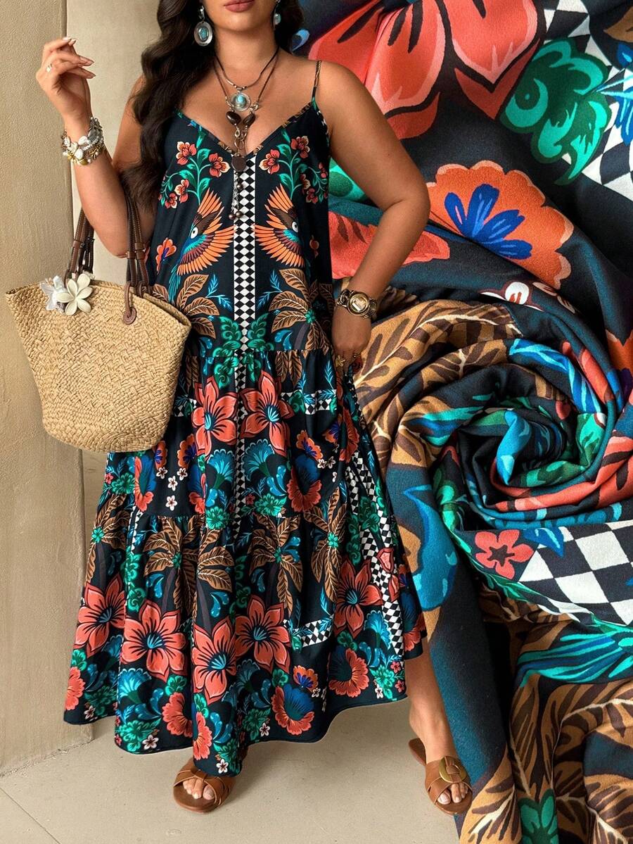Ceyna Plus Size Vintage Black Floral Print V-Neck Sleeveless Tiered Hem Maxi Dress,Women's Summer Boho Beach Holiday Mexican Style Tropical Resort Wear - Multicolor - View 1