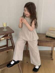 DAZY Girls (Small) Korean Style Summer Sleeveless Blouse Top And Wide Leg Casual Pants Set - Apricot - View 1
