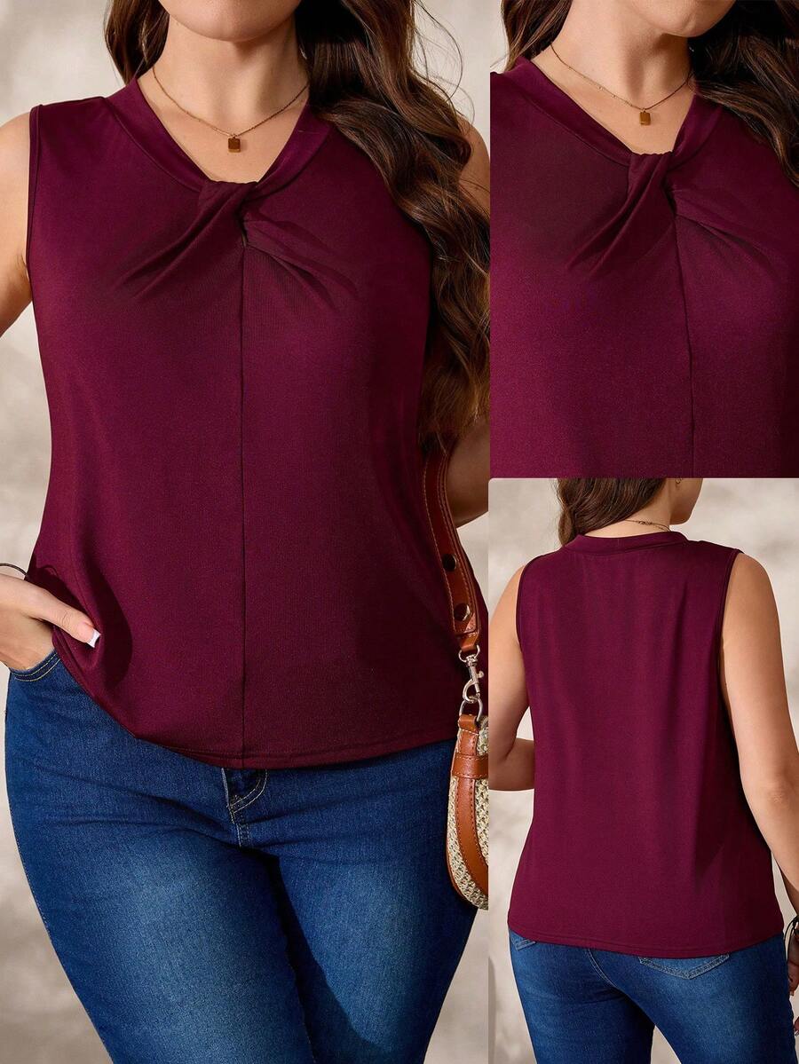 EMERY ROSE 女士加大码扭结针织无袖圆领宽松直筒休闲背心，舒适时尚，适合日常、居家、度假、工作等各种场合，百搭实用。 - 酒紅色 - 查看 1