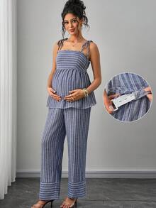 SHEIN 女士休闲度假极简条纹乡村风蓝色系带吊带背心+宽松阔腿裤孕妇两件套 - 彩色 - 查看 1