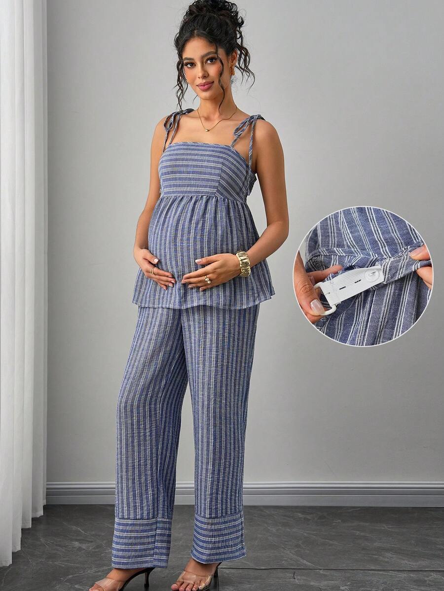 SHEIN 女士休闲度假极简条纹乡村风蓝色系带吊带背心+宽松阔腿裤孕妇两件套 - 彩色 - 查看 1