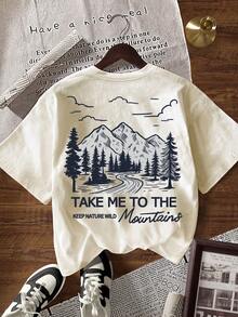 EMERY ROSE Women's Letter & Graphic Print Casual Round Neck Short Sleeve T-Shirt, Summer - Apricot - View 5