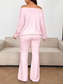 Sunnyshic Bộ 2 món áo hở vai và quần ống loe cỡ lớn cho nữ - Hồng - Xem 2