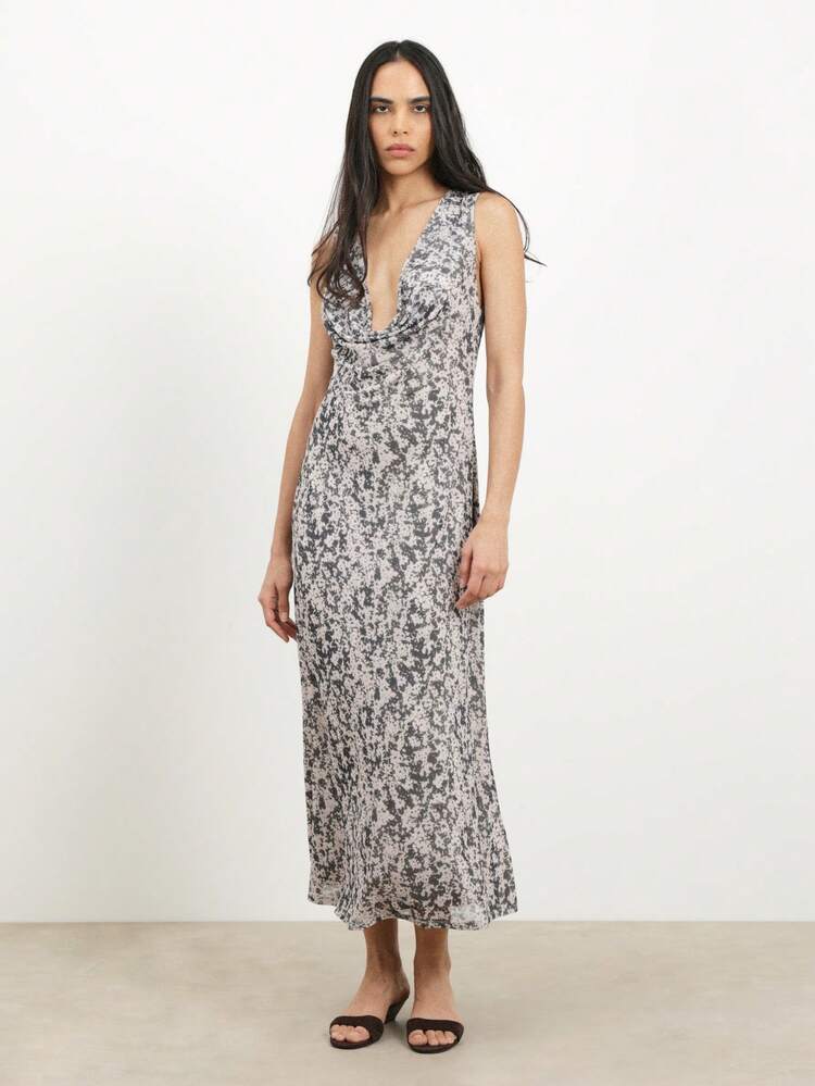 KSTM Sleeveless Cowl Neck Abstract Printed Midi Dress With Elegant Draping For Spring Summer Occasions
