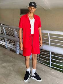 Ngobest Haus Ngobest Haus GloMan Men's Textured Solid Color Casual 2 Piece Outfits, Featuring A Button Placket, Loose Fit Short Sleeve Shirt And Drawstring Shorts Sets, Soft And Slightly Elastic, Comfortable And Breathable, Suitable For Street Wear, Casual Daily Wear, Weekend Outings, Social Gatherings, Red Vacation 2 Pieces Sets For Couple Matching - Red - View 4
