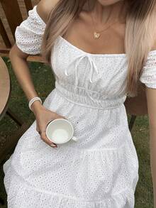 Livesso Summer All-Cotton Elegant Party Holiday Easter White Petal Sleeve Tie Waist Splice Vacation Mini Dress For Women - White - View 1