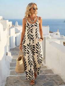 EMERY ROSE 大码女式休闲度假树叶印花连体裤，带口袋，春夏款 - 黑與白 - 查看 1