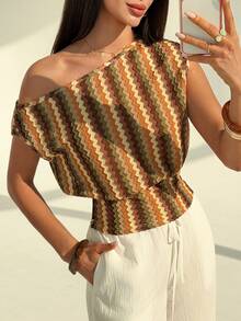 Aloruh Women's Bohemian Colorful Textured Striped One Shoulder Blouse, Spring/Summer One Shoulder Top For Women One Sided Top For Women - Multicolor - View 4