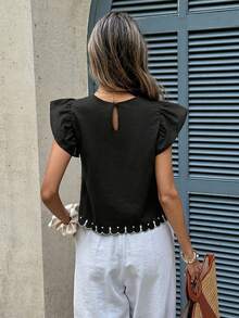 Serisse Women's Summer Casual Vacation Style Ruffle Armhole Embroidered Shell Trim Loose Blouse - Black - View 3