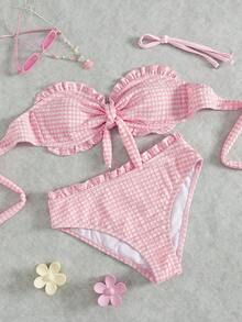 Swim Mod Women's Pink Sweet Bikini 2-Piece Set, Featuring Textured Bubble Fabric, Bow Accent At Bust, High-Waisted Ruffled Hem, Retro Houndstooth Pattern, Halter Neck And Back Tie Design, Cute And Energetic For Beach, Pool Party, Valentine's Day - Pink - View 3