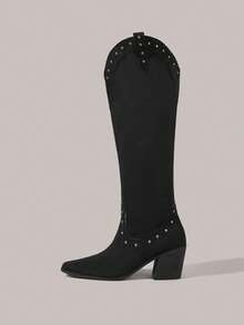 Styleloop Women's Fashion Black Studded Embellished Chunky High Heel Knee-High Boots - Black - View 3