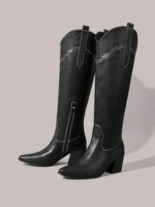 Styleloop Women's Zipper Closure Thigh-High Boots, Fashionable & Versatile For Daily Wear - Black - View 2