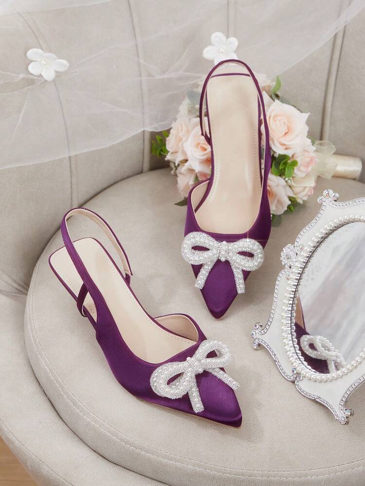 CUCCOO HITCHD Women's High Heel Pumps, Spring/Summer New Arrival, Pearl & Rhinestone Bow Pointed Toe, Deep Purple Satin, Elegant Romantic Bridal Wedding Guest Party Shoes Summer Shoes Wedding Shoes Bride Shoes