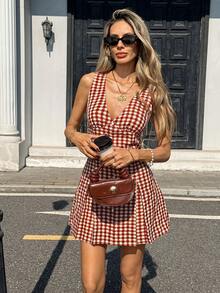 Pariaura Đầm kẻ caro cổ chữ V thanh lịch dành cho nữ - Đỏ - Xem 6