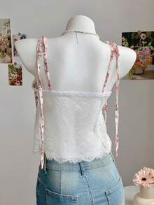 Comfortcana 女士优雅碎花撞色蕾丝吊带衫，夏季 - 彩色 - 查看 2