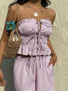 Sunnyshic 2件套女士荷叶边条纹系带抹胸上衣和裤子 - 淺粉色 - 查看 3