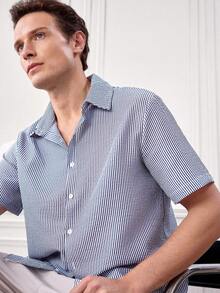 Men's Vintage Coin Texture Striped Short Sleeve Shirt, Casual Versatile Style Suitable For All Seasons - Navy Blue - View 8