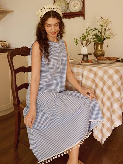 CottageSlumber Women's Fresh & Cute Plaid Tassel Trim Nightgown