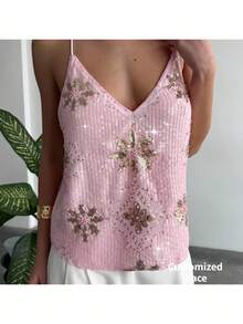 Aloruh 女士亮片花卉图案休闲吊带背心，夏季海滩度假必备，波西米亚风热带度假风，Y2K 2000年代风格，Y2K上衣，Y2K演唱会女装，锐舞音乐节，乡村音乐会，伊比沙岛，纳什维尔，西部风情女装，波西米亚街头风，热带辣妹风，可爱夏季上衣，粉色亮片吊带背心 - 粉色 - 查看 7