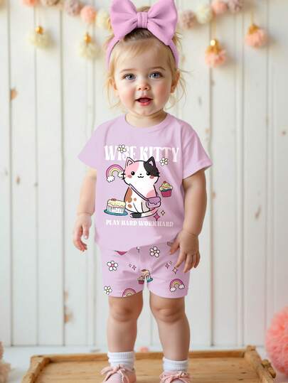 SHEIN 2pcs Baby Girl Casual Lavender Tee & Bike Shorts Set, Featuring Cute Cartoon Cat, Cake, Rainbow, Floral Prints, Suitable For Spring/Summer Daily Wear, Street Style, Home, Vacation