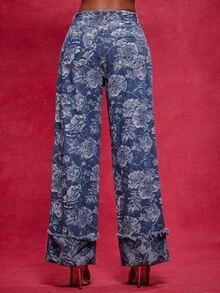 NYA SZN Quần jean cạp cao Gabriella họa tiết hoa màu xanh dương, thích hợp cho mùa hè, thu, xuân, phong cách đường phố, thường ngày, năng động dành cho nữ. - Rửa tối - Xem 7