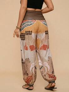 Travachic Quần Harem in họa tiết nhiệt đới cỡ lớn, quần dài phong cách Boho thường ngày cho nữ, quần hè cho nữ, quần quấn quanh eo cho nữ, quần trắng cho nữ. - Nhiều màu - Xem 2