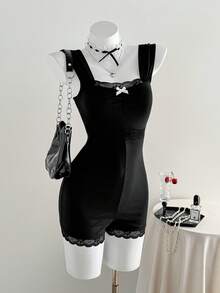 Elamini 春夏新款少女休闲修身收腰性感蕾丝蝴蝶结V领无袖连体裤 - 黑色 - 查看 6