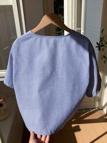 Comfortcana Women's Vacation Casual Striped Hollow Embroidery Lace-Up Blouse - Blue - View 2