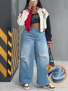 EMERY ROSE 大码女式冬季做旧水洗宽松阔腿工装牛仔裤，浅蓝色 - 淺色水洗藍 - 查看 1