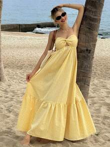 MainGRL Yellow Plaid Twist Bandeau Backless A-Line Flowy Dress, Suitable For Beach, Dates, Daily Wear, Spring/Summer - Light Yellow - View 6