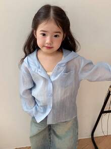 DAZY Áo hoodie kẻ sọc kiểu Hàn Quốc mùa hè mát mẻ cho bé gái - Màu xanh nhạt - Xem 4