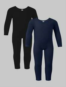 2pcs/Set Girls' Autumn/Winter Navy Snug Fit Warm Solid Color Jumpsuit,Soft Material Comfortable Wear,Suitable For Home Wear,Fit For Spring,Autumn - Multicolor - View 4