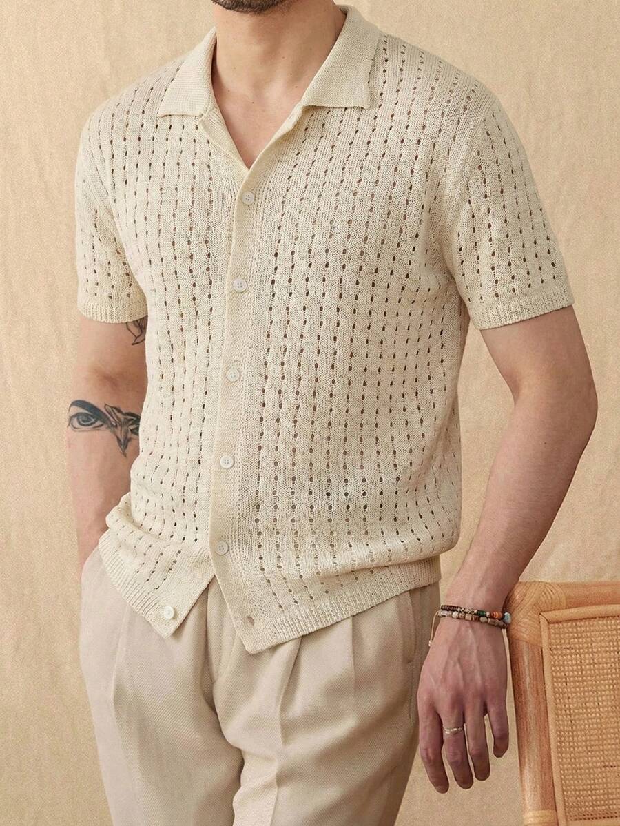 Manfinity Homme 新款欧美博主时尚椰树镂空休闲度假男士开衫，春夏海滩度假风开衫 - 米色 - 查看 1