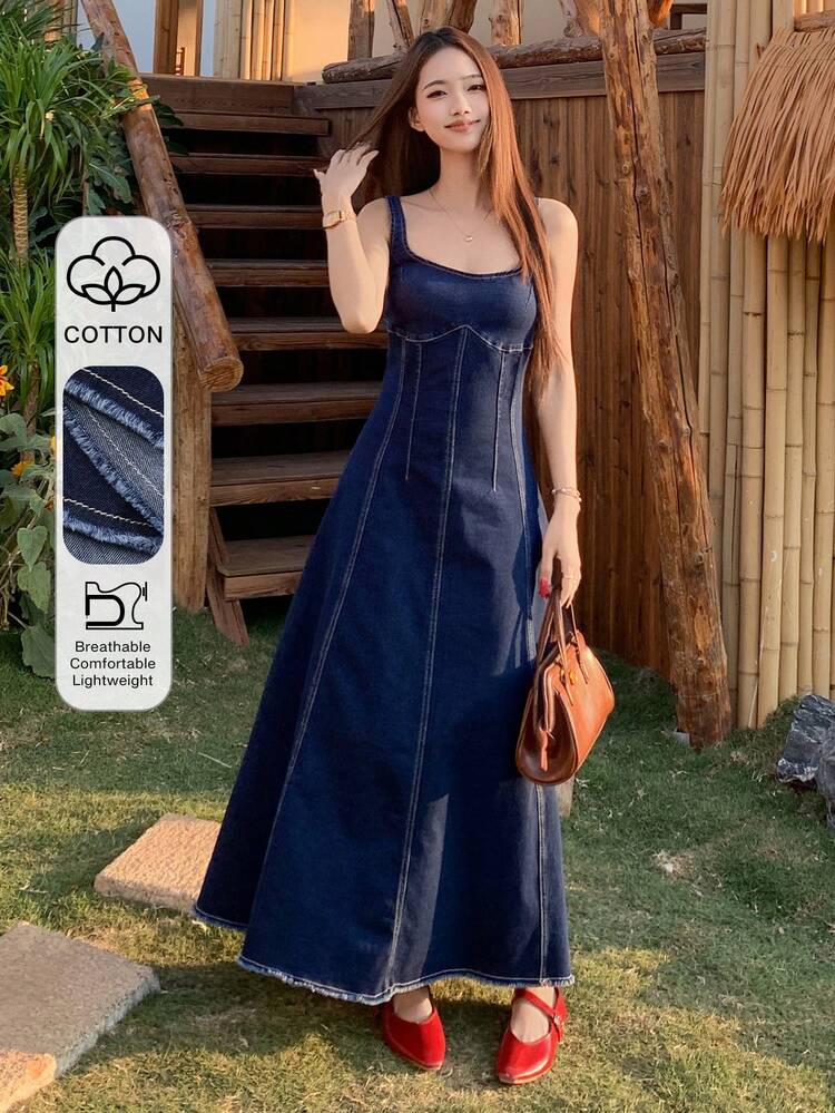 Women's Casual Ruffle Trim Vintage Washed Denim Dress