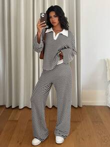 Siren Gaze 女士两件套宽松条纹V领落肩长袖T恤和松紧腰条纹裤，冬季毛衣套装，秋冬季 - 黑與白 - 查看 3