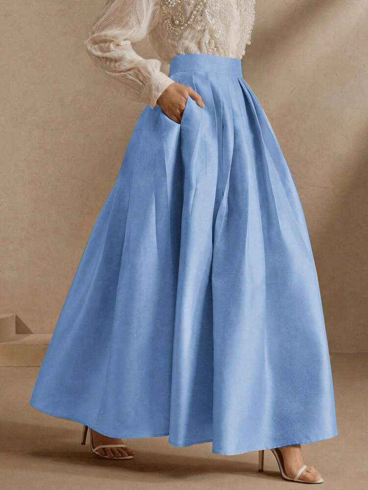 Anewsta Essential High Waist Elegant Puff Solid Color Oblique Pocket Skirt