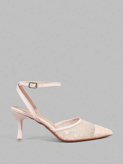 Ontre 新款粉色尖头细跟镂空网面时尚优雅女士高跟鞋