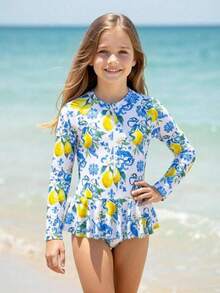 SHEIN Tween Girl Fruit Print One-Piece Swimsuit With Zipper, Suitable For Swimming, Vacation, Summer - Multicolor - View 3