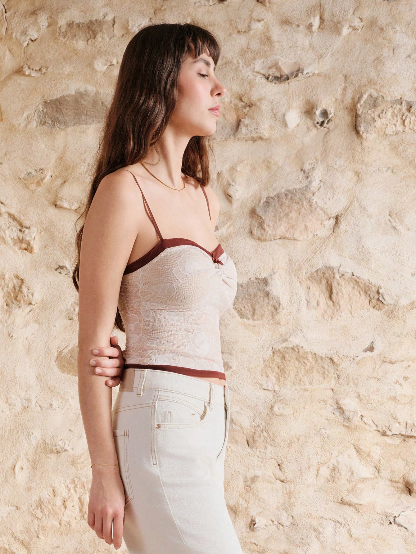 Lace Cami Top With Contrast Satin Bow Spring Summer Vacation Top Going Out French Style Parisian Style