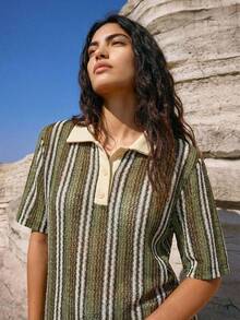 Maija Women's Striped Short Sleeve Polo Neck Cover Up - Army Green - View 1