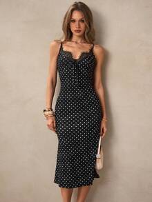 NOVVYNE Sexy & Elegant V-Neck Lace Trim Camisole Dress, Waist Cinching, Versatile Bodycon Dress - Black - View 3