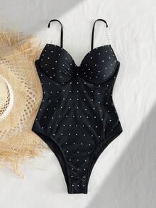 SHEIN Swim Chicsea Swim Chiccia 新款女士优雅 Y2K 性感魅力黑色连体泳衣，饰有水钻，配有珍珠串珠可调节肩带、钢圈胸部支撑和束身衣缝线细节，高开衩露臀设计，修身显瘦，是夏季海滩度假、泳池派对、音乐节、热带之旅、蜜月旅行、春假、海滩婚礼、单身派对和海滨度假的理想之选。 - 黑色 - 查看 5