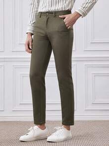 Officeau Men's Solid Color Pocket Simple Commuter Casual Pants - Army Green - View 1