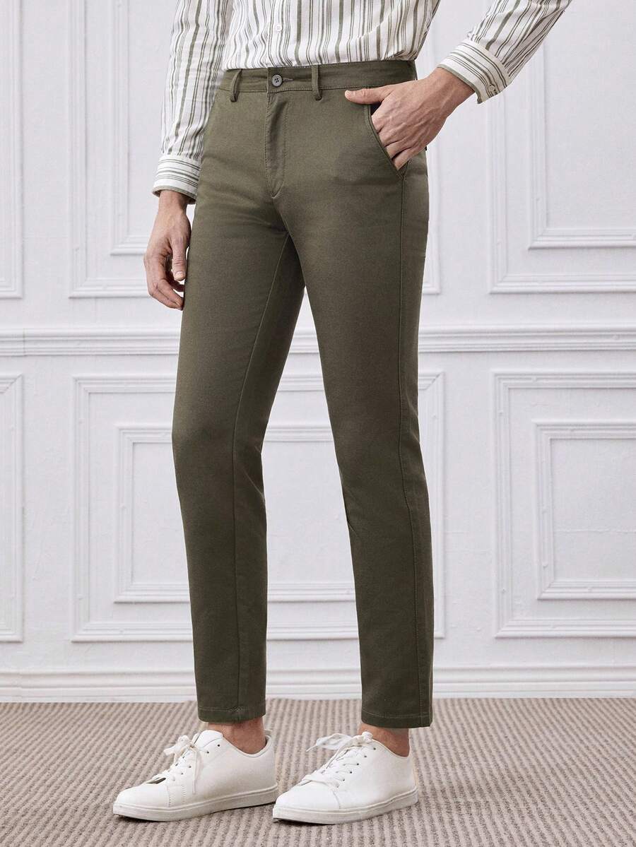 Officeau Men's Solid Color Pocket Simple Commuter Casual Pants - Army Green - View 1