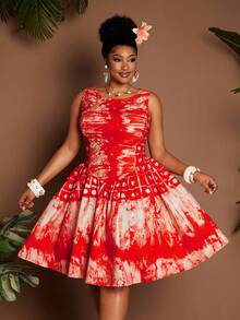Maweii Plus Size Ruched Waist Round Neck Sleeveless Beach Vacation Sexy Halloween Print Dress - Orange - View 3