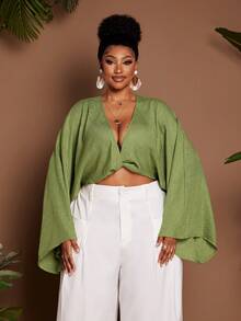 Maweii 加大码绿色长袖深V领扭结度假性感上衣 - 綠色 - 查看 5