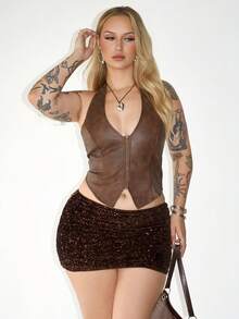 Arliah 女式性感时尚街头度假西部风格 PU 皮革露背系带前拉链吊带上衣，夏季 - 巧克力棕 - 查看 4