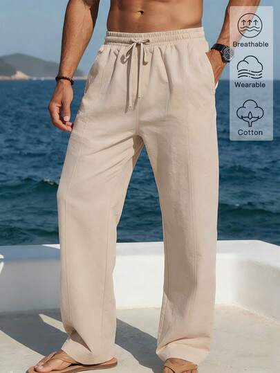 Manfinity RSRT Pantalones casuales versátiles de algodón puro con cordón y bolsillo geométrico para hombres, estilo otoñal, dinero viejo, ocio diario, viajes de fin de semana, actividades al aire libre, expediciones de viaje, entornos de trabajo relajados o ocasiones semi-formales, regalo para novio/esposo, regalo de aniversario/cumpleaños, fiesta de vacaciones de verano, boda, de primavera a verano, Mardi Gras, pantalones de playa casuales de mezcla de lino con cintura con cordón para hombres, pantalones de lino para hombres, pantalones de playa para hombres, pantalones de vacaciones para hombres, ropa de playa para hombres